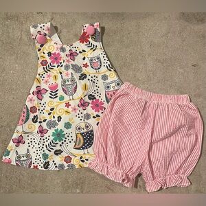 NWOT Colorful Owl Print Dress and Pink Striped Shorts Set